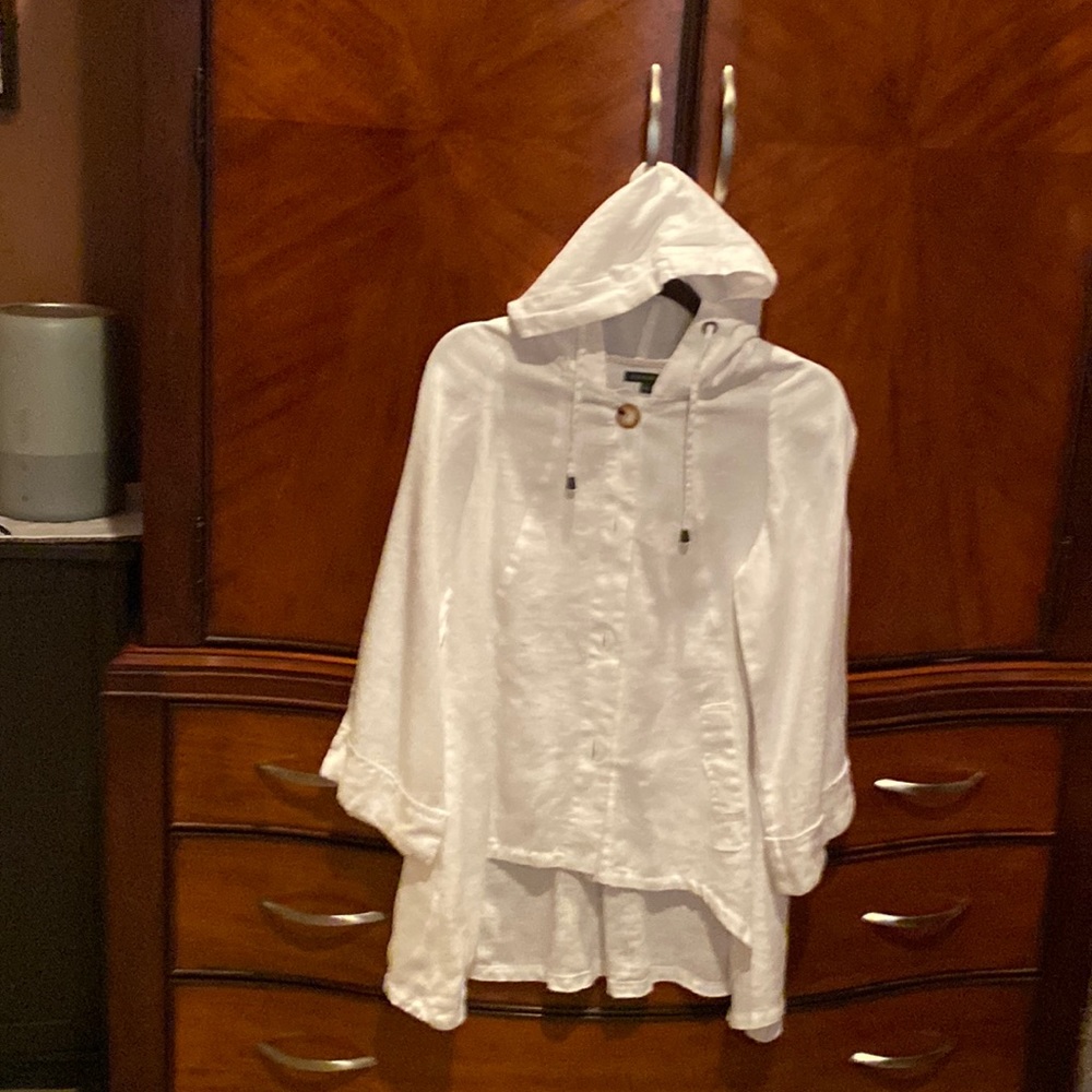 White 100% Linen Hoodie button front Hi/Low jacket